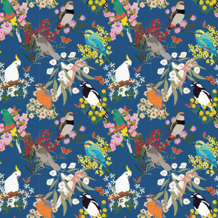 Navy Australian native bird and flower fabric with colourful birds, butterflies and native flora.
