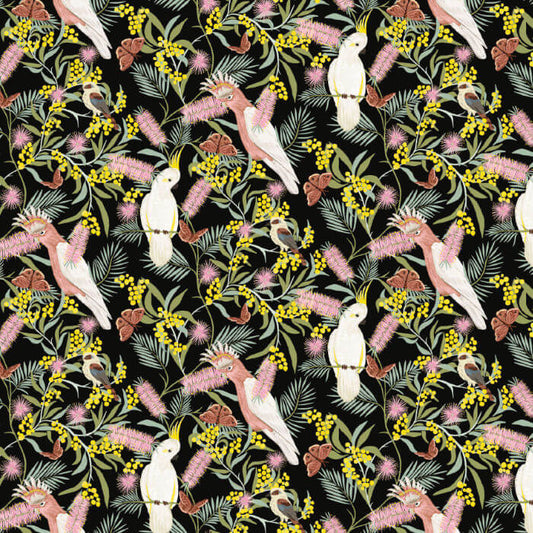 Black Australian bird fabric with cockatoos, kookaburras, wattle and native flowers.
