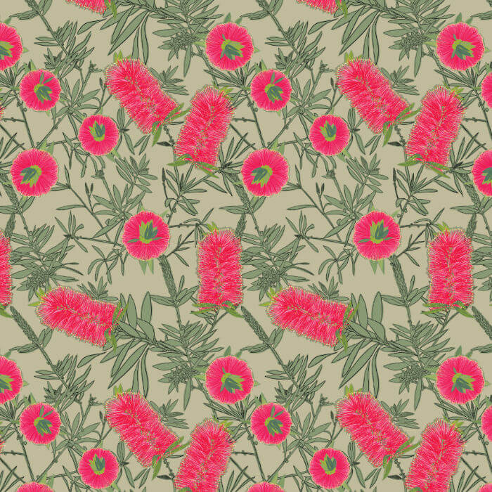 Australian bottlebrush fabric with bright pink flowers and leafy branches on a green background.