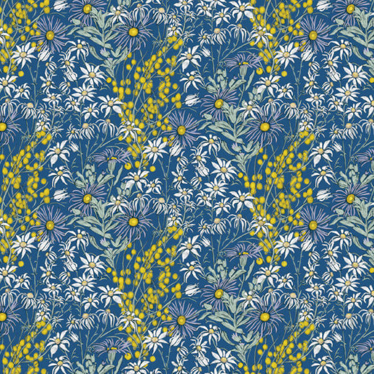 Blue Australian native flower fabric with golden wattle, white wildflowers and botanical foliage.