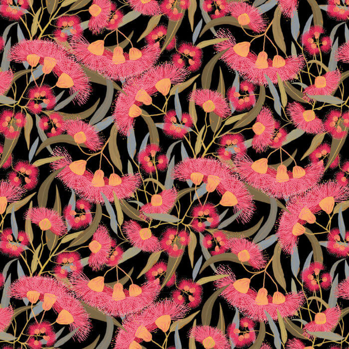 Black Australian gum blossom fabric with vivid pink flowers and eucalyptus leaves.