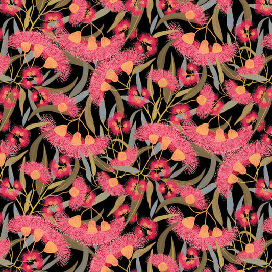 Black Australian gum blossom fabric with vivid pink flowers and eucalyptus leaves.