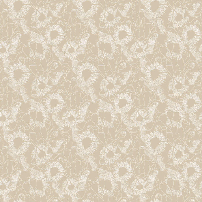 Cream Australian gum blossom fabric with delicate white eucalyptus and native floral linework.