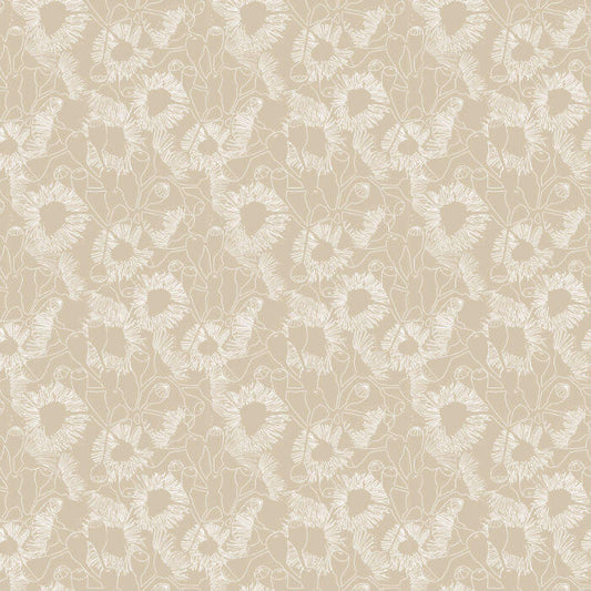 Cream Australian gum blossom fabric with delicate white eucalyptus and native floral linework.