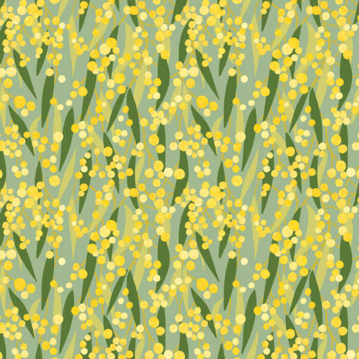 Australian golden wattle fabric with bright yellow flowers and layered green foliage.