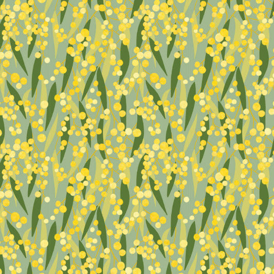 Australian golden wattle fabric with bright yellow flowers and layered green foliage.