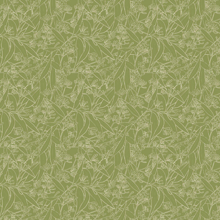 Green Australian eucalyptus fabric with delicate leaves, branches and native floral linework.
