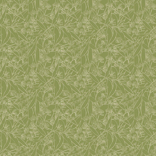 Green Australian eucalyptus fabric with delicate leaves, branches and native floral linework.