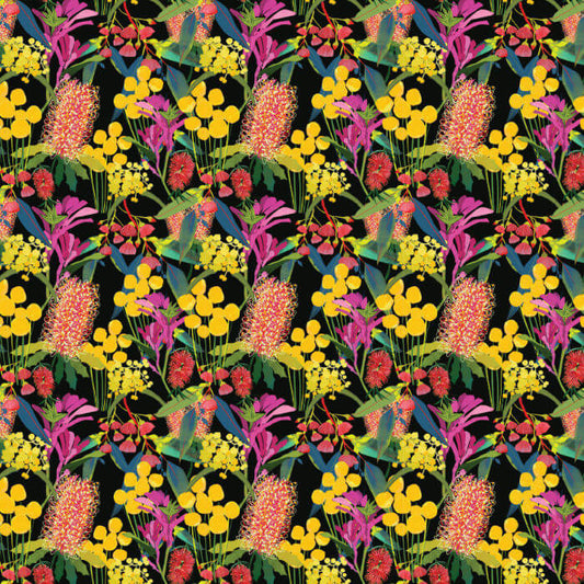 Black Australian native flower fabric with colourful bottlebrush, wattle, gum blossoms and foliage.