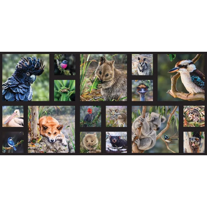 Wildlife Art Postcard cotton fabric panel featuring Australian animals and birds by Natalie Jane Parker