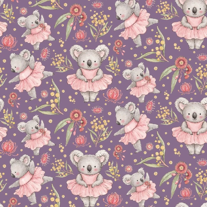 Dancing Koalas - Mauve - Cotton Fabric designed by Jen Digital Art