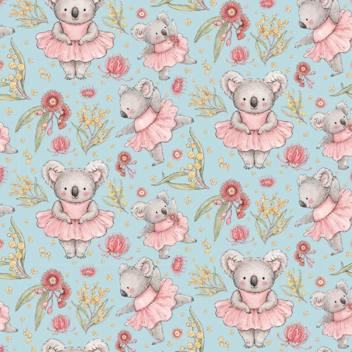 Dancing Koalas - Blue - Cotton Fabric designed by Jen Digital Art