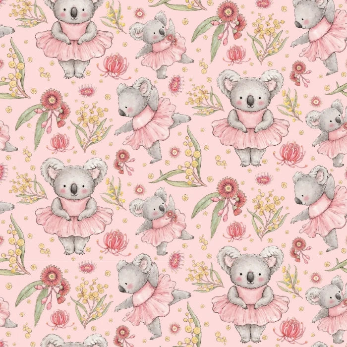 Dancing Koalas - Pink - Cotton Fabric designed by Jen Digital Art