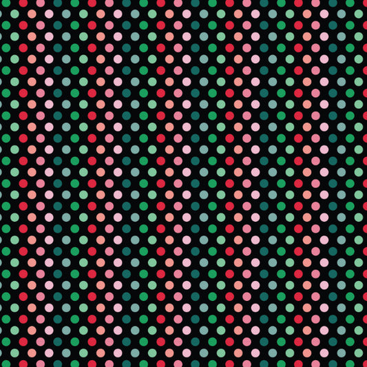 A repeating pattern of small multicolored polka dots in pink, green, red, and orange on a black background.