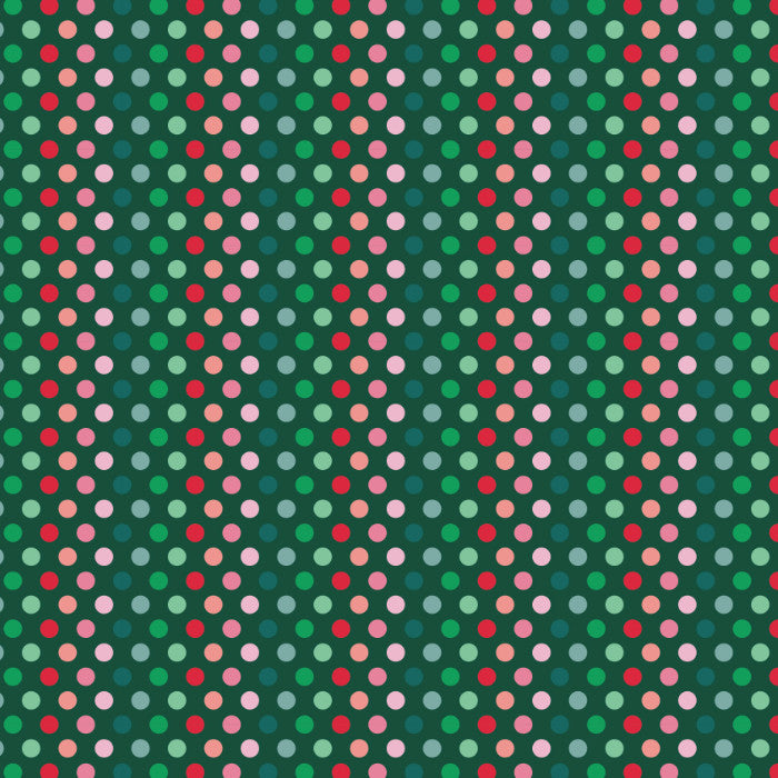 A repeating pattern of small multicolored polka dots on a dark green background, with dots in red, pink, light green, and blue.