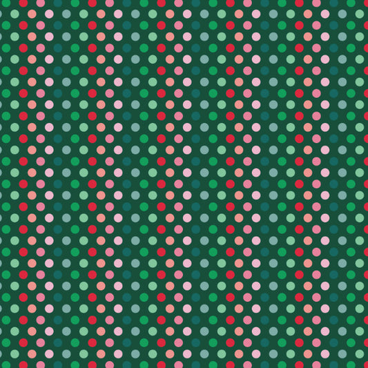 A repeating pattern of small multicolored polka dots on a dark green background, with dots in red, pink, light green, and blue.