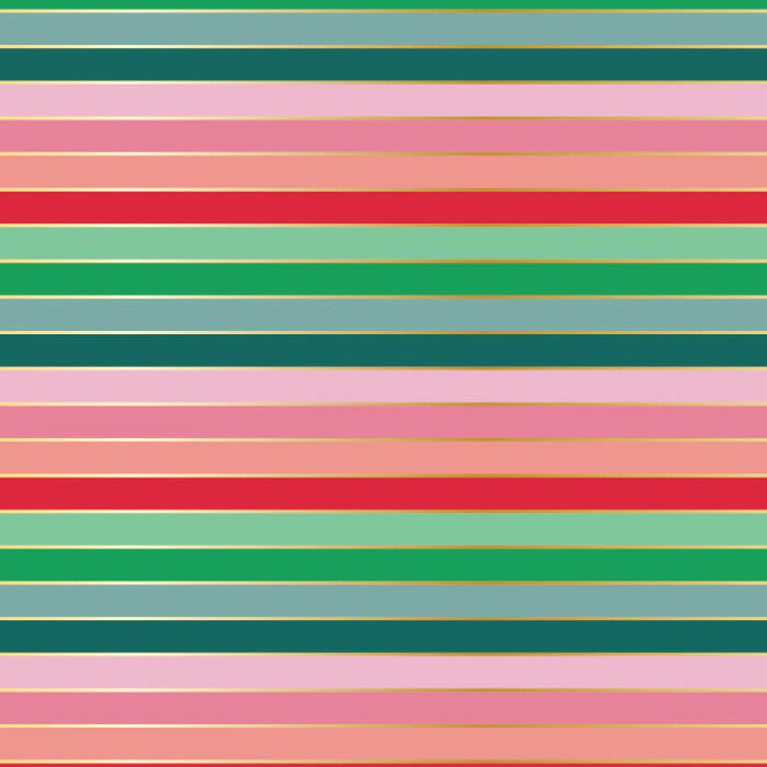 Metallic half-inch Christmas stripe cotton fabric in pink, red, green and teal with gold detailing