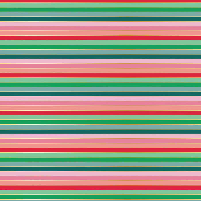 Metallic quarter-inch Christmas stripe cotton fabric in pink, coral, red, green and teal with gold detailing