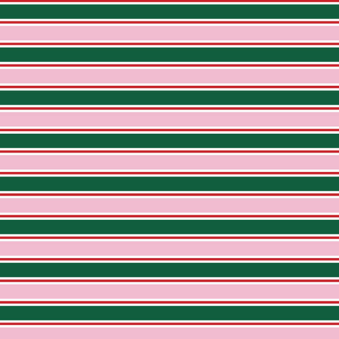 A repeating horizontal stripe pattern with alternating wide dark green bands, narrow white stripes, and thin red stripes on a light pink background.