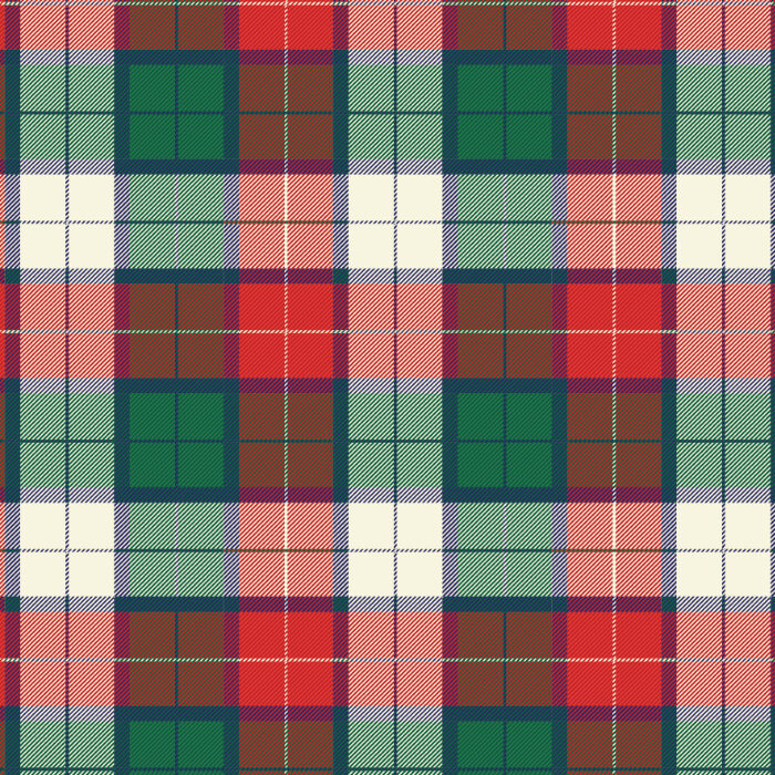 A repeating tartan plaid pattern with red, green, light green, cream, and brown blocks outlined by thin white and dark lines.
