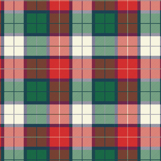A repeating tartan plaid pattern with red, green, light green, cream, and brown blocks outlined by thin white and dark lines.
