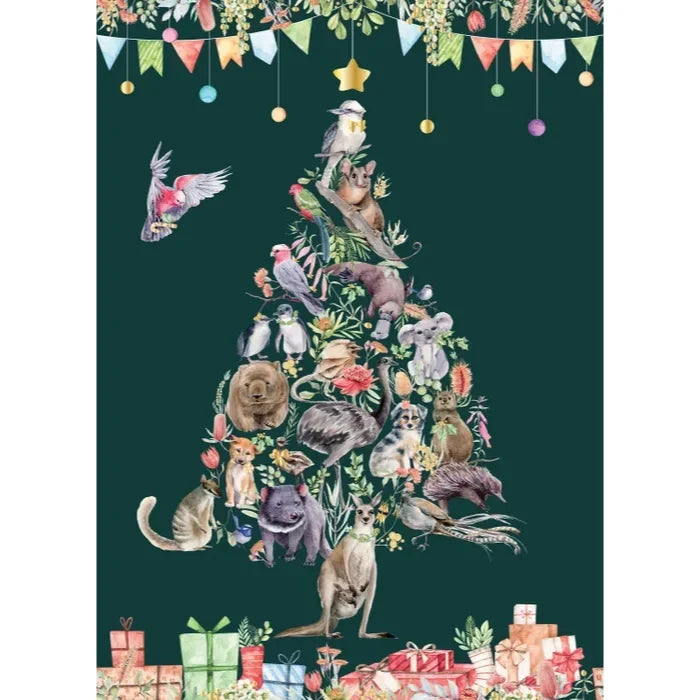 Bush Celebration Australian wildlife Christmas tree panel in dark green with metallic printing