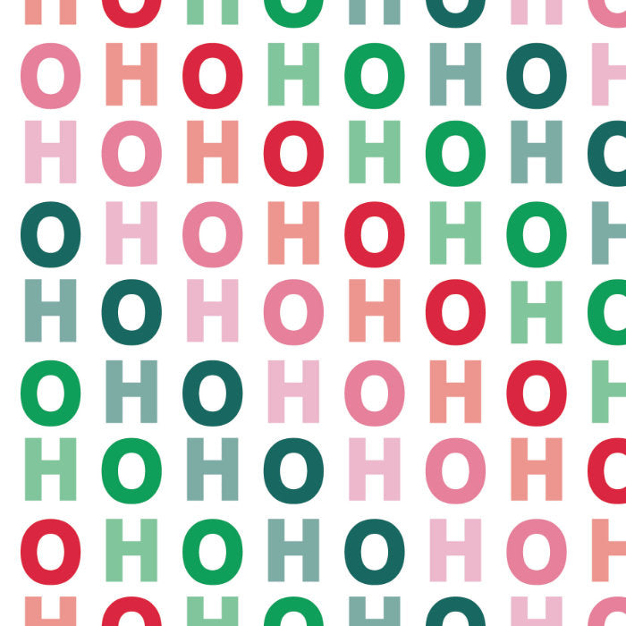 Pattern of 'HO HO HO' in red, green, and pink on a white background
