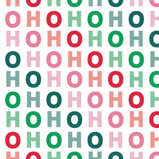 Pattern of 'HO HO HO' in red, green, and pink on a white background