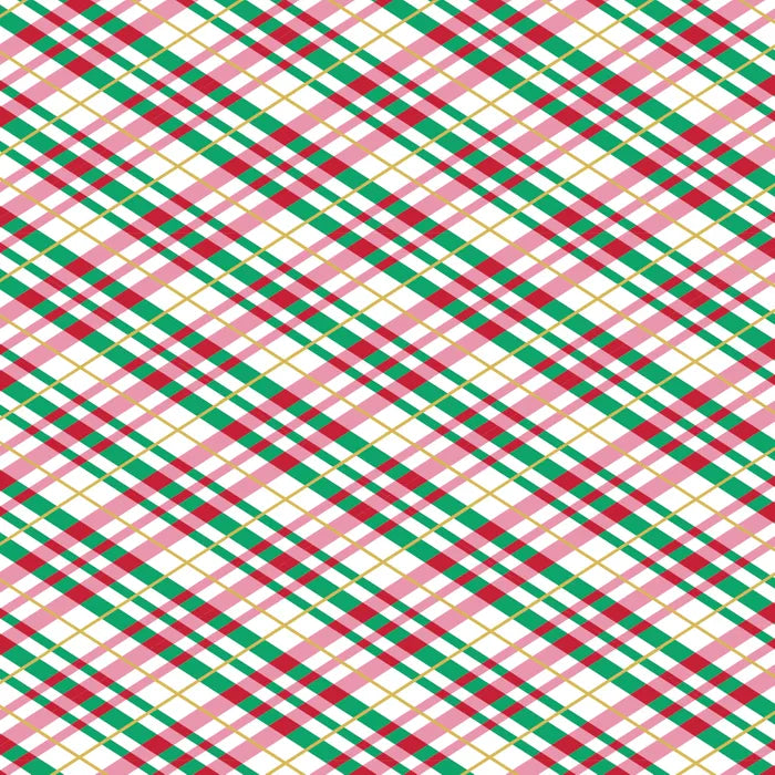 White Holly Jolly plaid cotton fabric with metallic gold printing ribbon