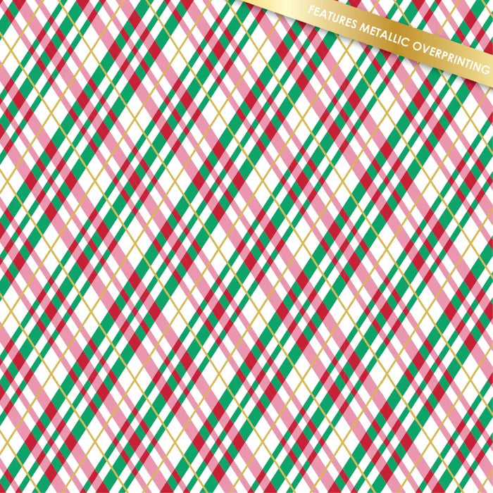 White Holly Jolly plaid cotton fabric, metallic gold overprinting