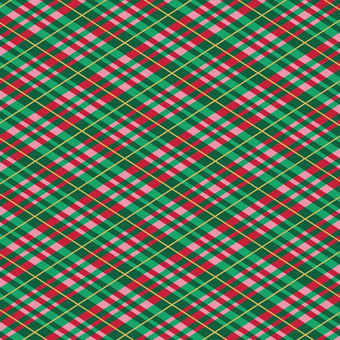 Green Holly Jolly plaid cotton fabric with metallic gold printing ribbon