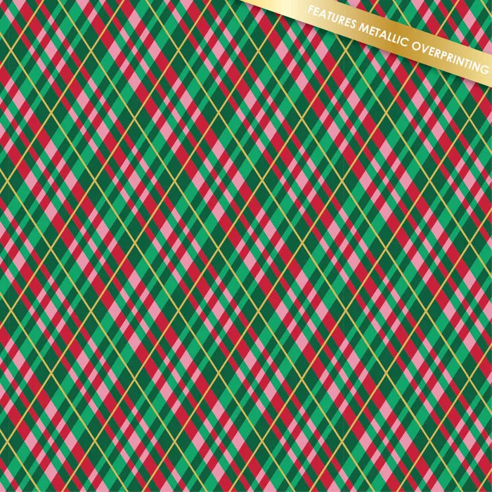 Green Holly Jolly plaid cotton fabric, metallic gold overprinting