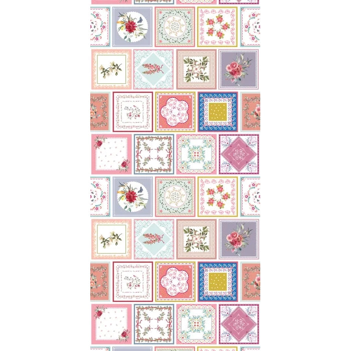A vertical strip of decorative patchwork-style square tiles in soft pink, lavender, cream, blue, and yellow, featuring floral motifs, lace-like patterns, and small illustrations on a white background.