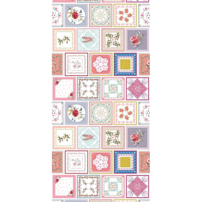 A vertical strip of decorative patchwork-style square tiles in soft pink, lavender, cream, blue, and yellow, featuring floral motifs, lace-like patterns, and small illustrations on a white background.
