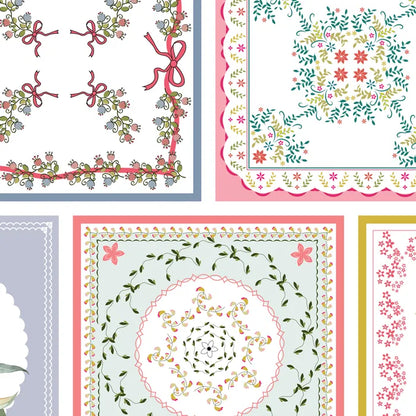 Fabric with floral and decorative border designs in various colours.