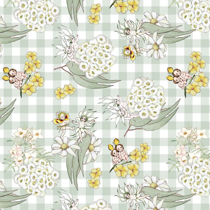 May Gibbs Blossom Gingham Sage Quilting Fabric