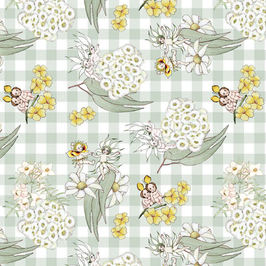May Gibbs Blossom Gingham Sage Quilting Fabric