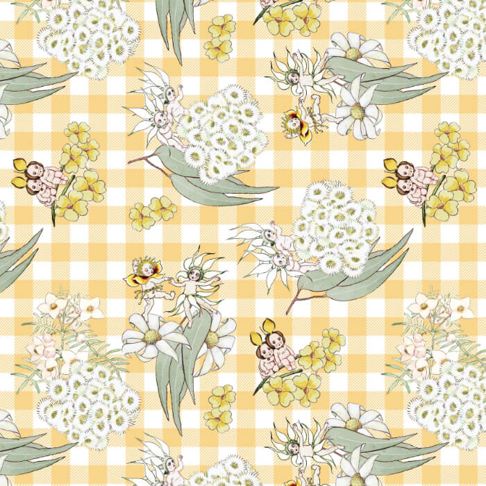 May Gibbs Blossom Gingham Yellow Quilting Fabric