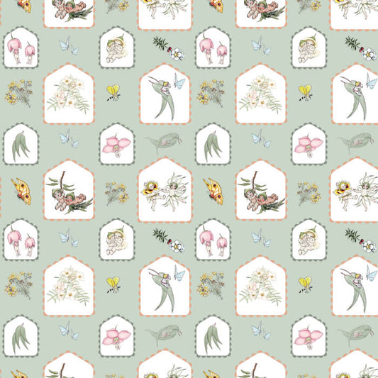 May Gibbs Gumnut Cameos Sage Quilting Fabric