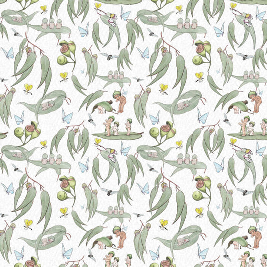 May Gibbs Eucalyptus Scatter White Quilting Fabric