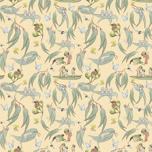 May Gibbs Eucalyptus Scatter Yellow Quilting Fabric