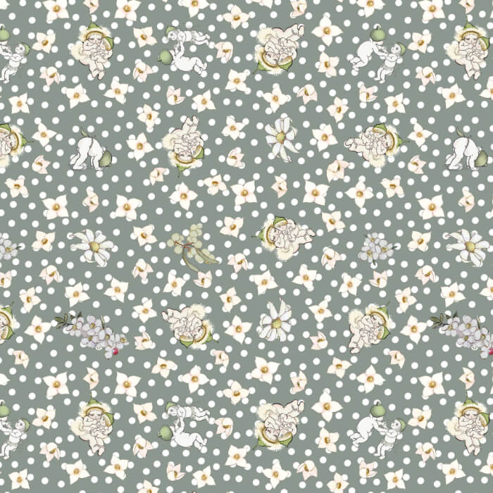 Patterned fabric with small white flowers and polka dots on a gray background