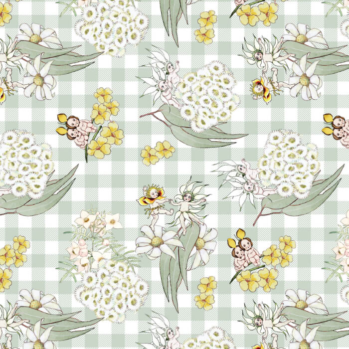 May Gibbs Blossom Gingham Sage Duck Canvas Fabric