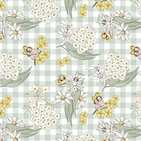 May Gibbs Blossom Gingham Sage Duck Canvas Fabric