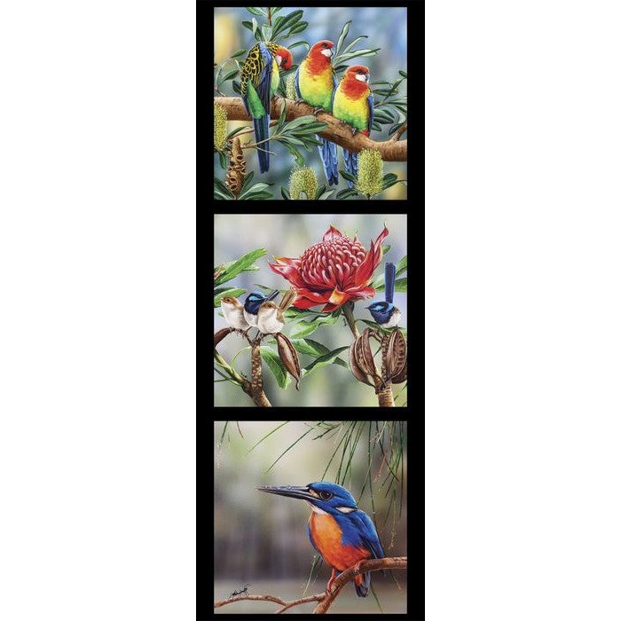 Wildlife Art Panel - Eastern Rosellas, Kingfishers & Fairywrens