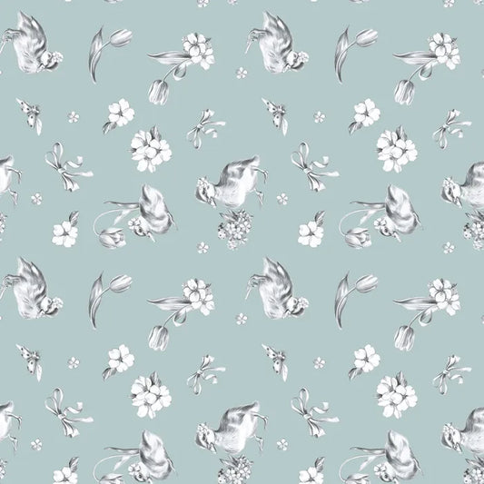 blue coloured fabric with ducks and flowers