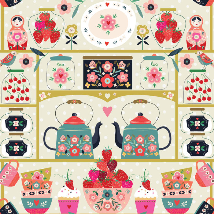 cotton fabric with teapots, flowers and strawberries
