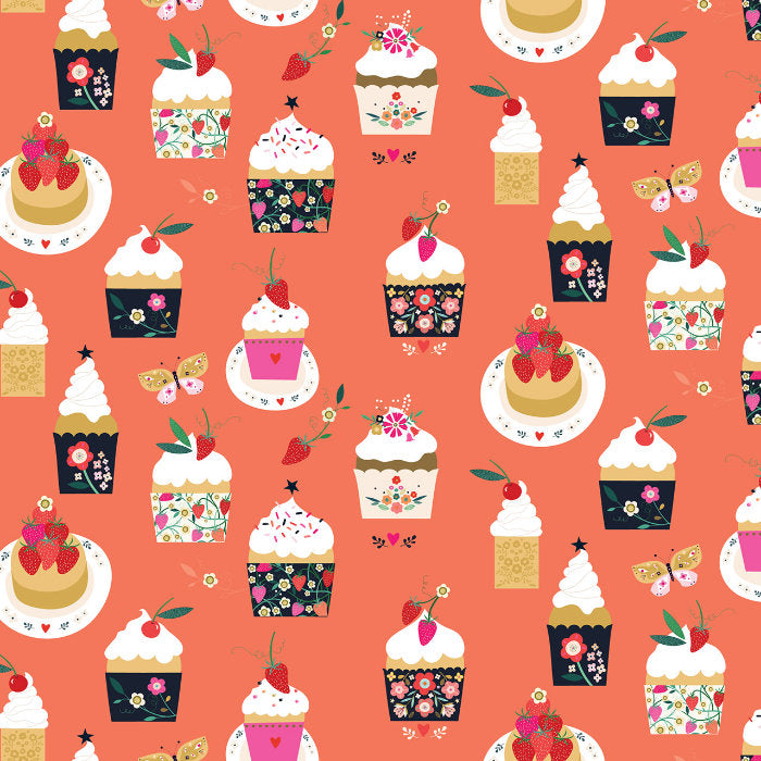 cotton fabric with cupcakes, strawberries, flowers and butterflies