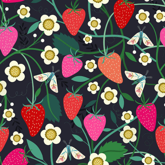cotton fabric with butterflies and strawberries